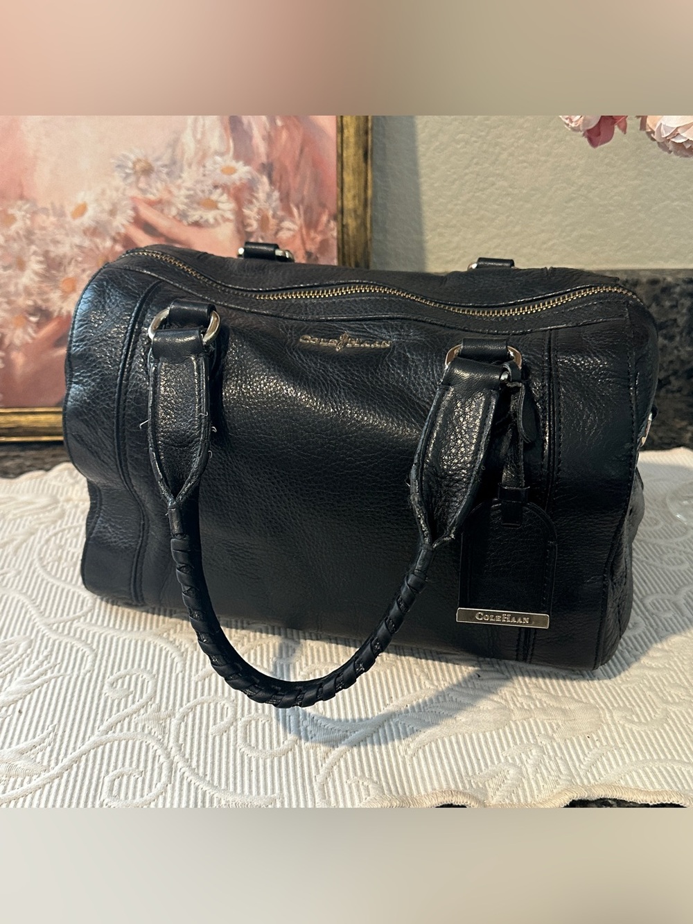 Vintage Cole Haan Black Pebbled Leather Satchel with Braided Handles Y2K goth